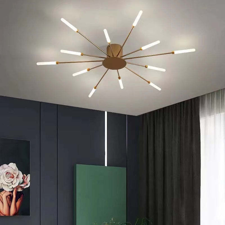 Gold LED ceiling light, spiral design, for living room, diffused and warm glow.