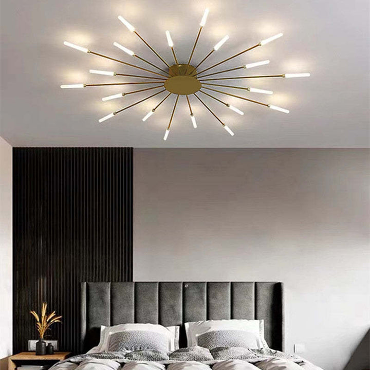 Contemporary LED ceiling light, spiral, dimmable, gold finish, for living space.