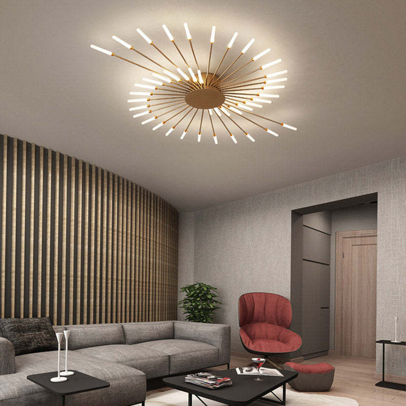 Dimmable LED spiral ceiling light, modern design, perfect for bedroom lighting.