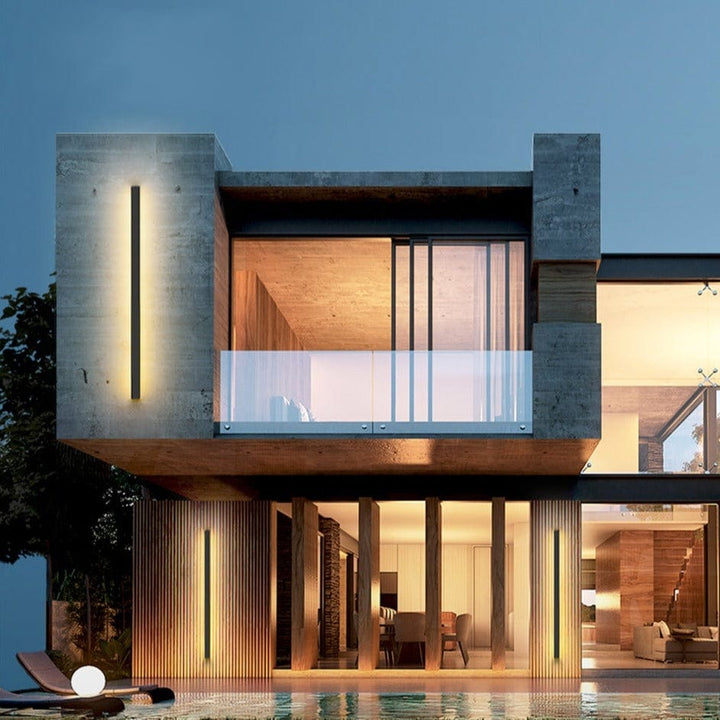 Sleek modern LED wall sconce, weatherproof, perfect for contemporary outdoor spaces.