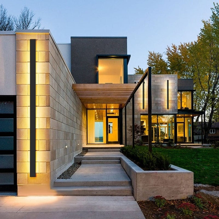 Weatherproof LED exterior light, backlit, provides stylish illumination for homes.
