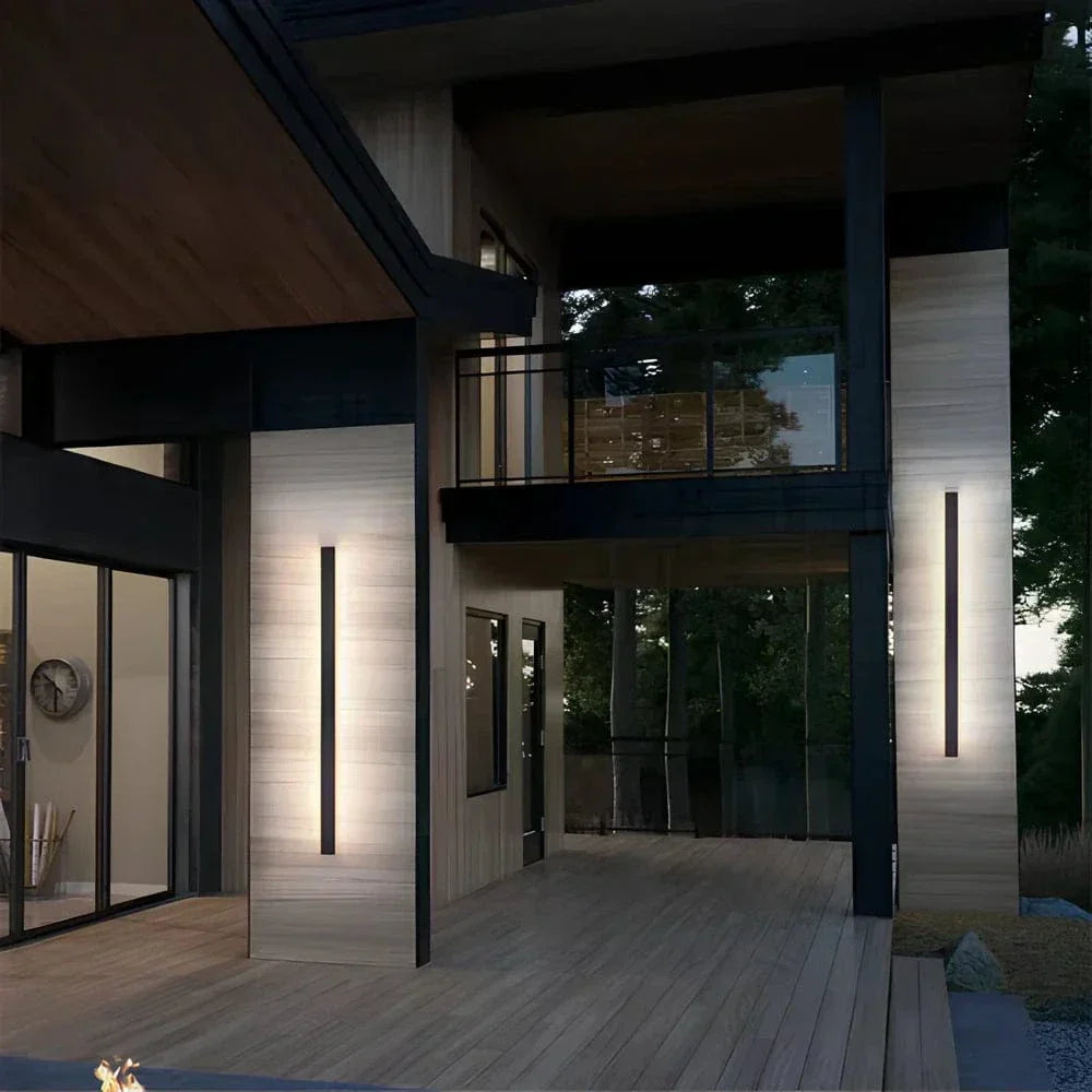 Stylish modern LED outdoor sconce, energy-saving, great for porch or entrance.