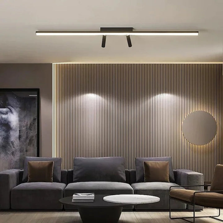 Energy-efficient linear LED flush mount ceiling light fixture, bright illumination for modern spaces.