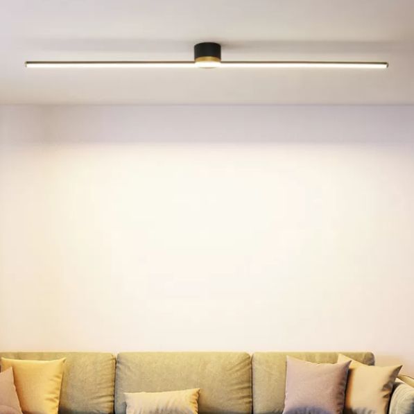 Elegant linear LED flush mount ceiling light. Modern metal fixture for contemporary minimalist interior decor.