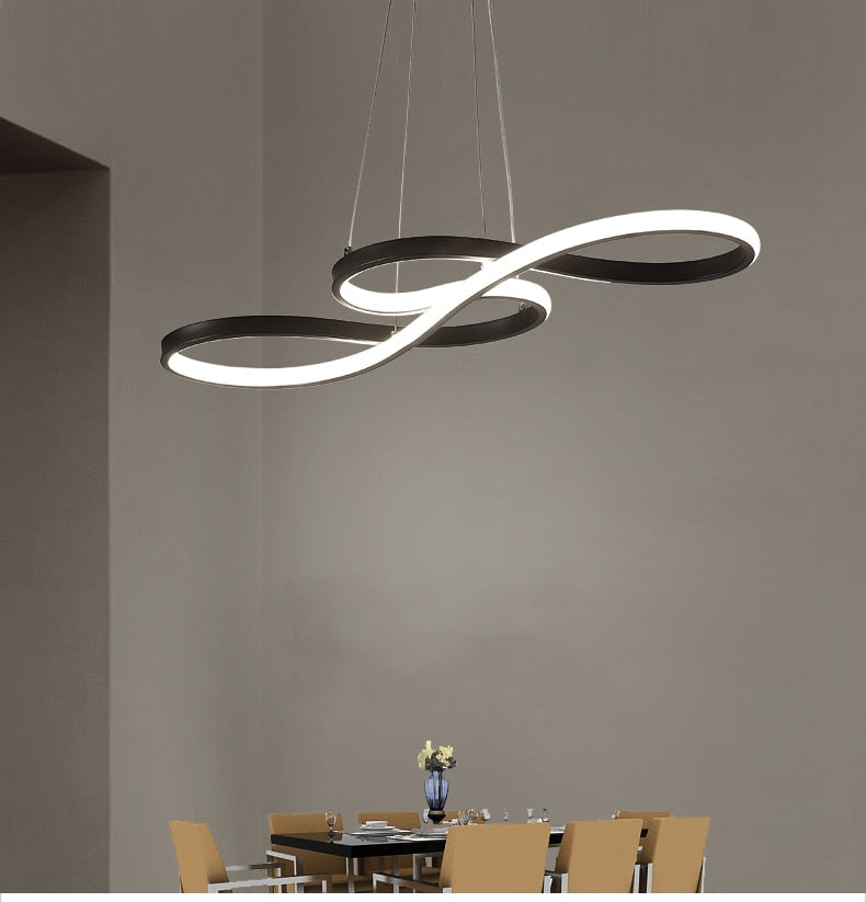 Elegant white modern linear pendant light. Dimmable LED fixture for bedrooms & dining rooms.