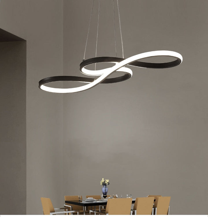 Elegant white modern linear pendant light. Dimmable LED fixture for bedrooms & dining rooms.