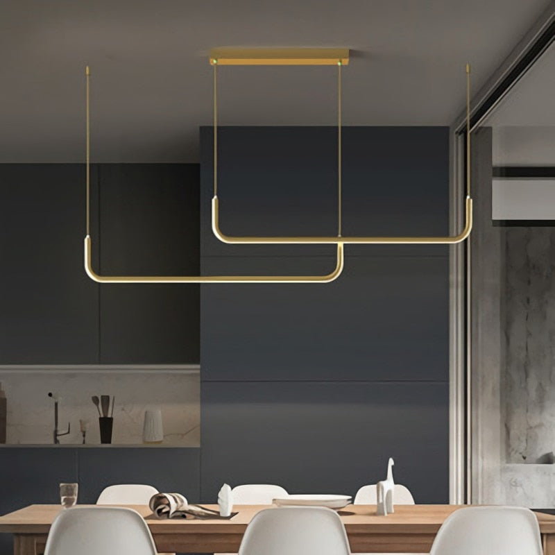 Contemporary LED linear pendant light, perfect overhead fixture for dining or kitchen island.