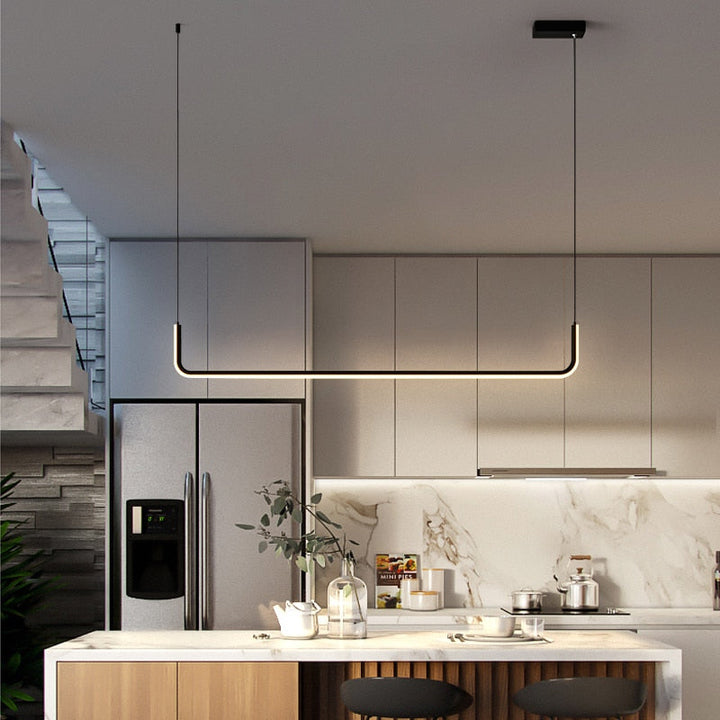 Stylish modern linear LED light for dining rooms, offering bright, energy-efficient illumination.