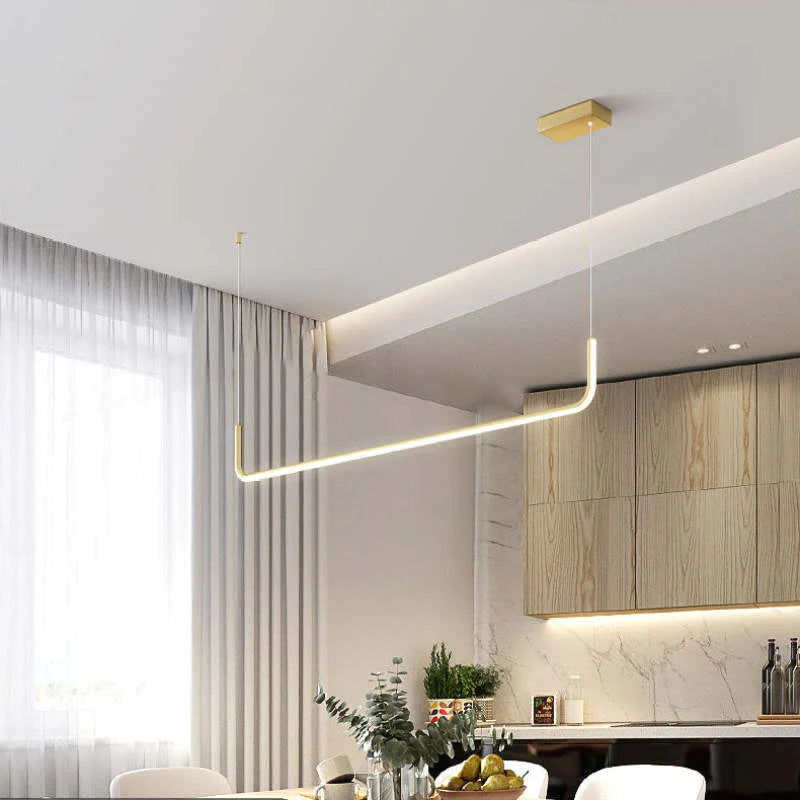 Linear LED pendant, a modern ceiling lamp designed for chic living room or dining area.