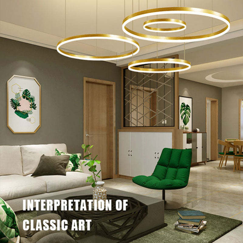 Dimmable Lorenna LED ring pendant light, creating ambiance in a modern living room.