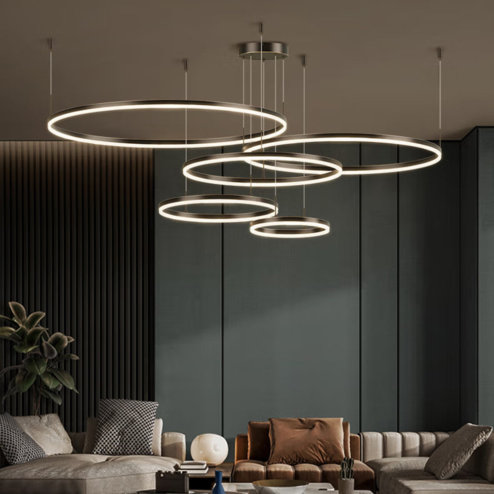 Lorenna LED ring pendant light, a modern statement piece for high ceilings.