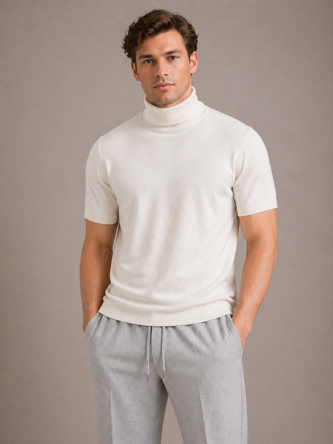 Man wearing a versatile short sleeve turtleneck t-shirt for casual wear. Modern fit for everyday men's fashion.