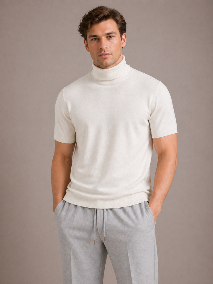Man wearing a versatile short sleeve turtleneck t-shirt for casual wear. Modern fit for everyday men's fashion.