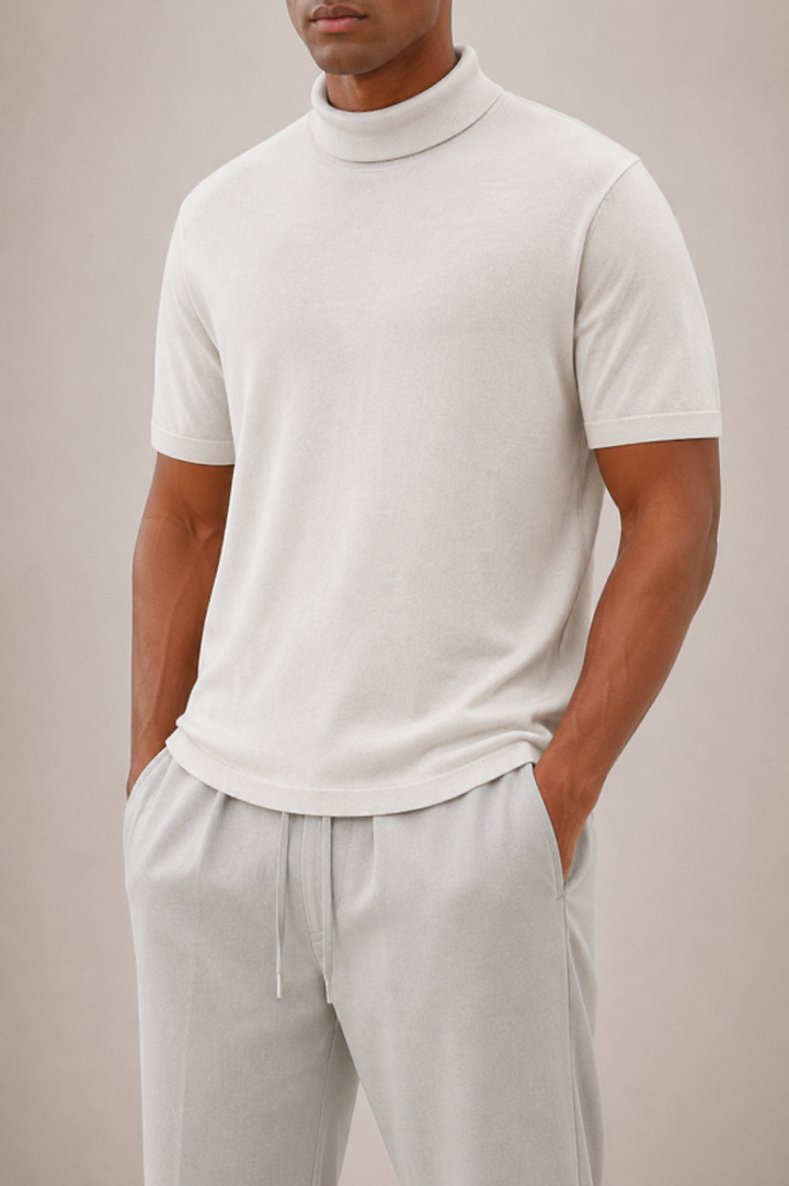 Close-up of the comfortable men's short sleeve turtleneck collar. Smart style detail for versatile fashion.