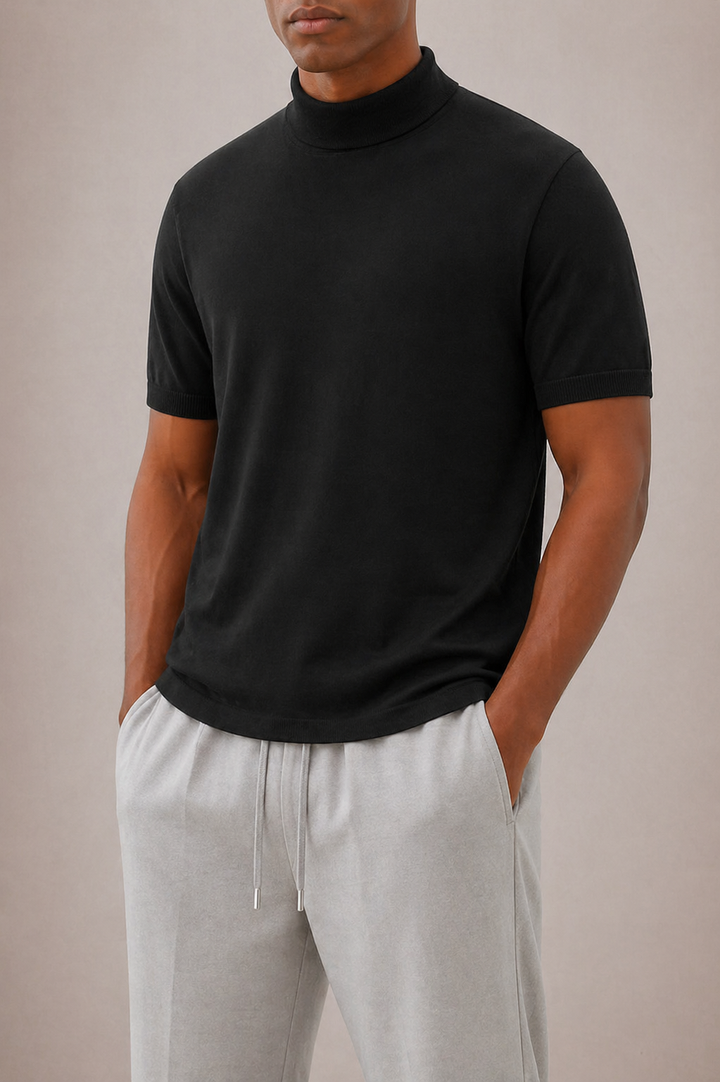 Soft fabric texture of a men's modern fit turtleneck t-shirt, offering versatile comfort for everyday style.