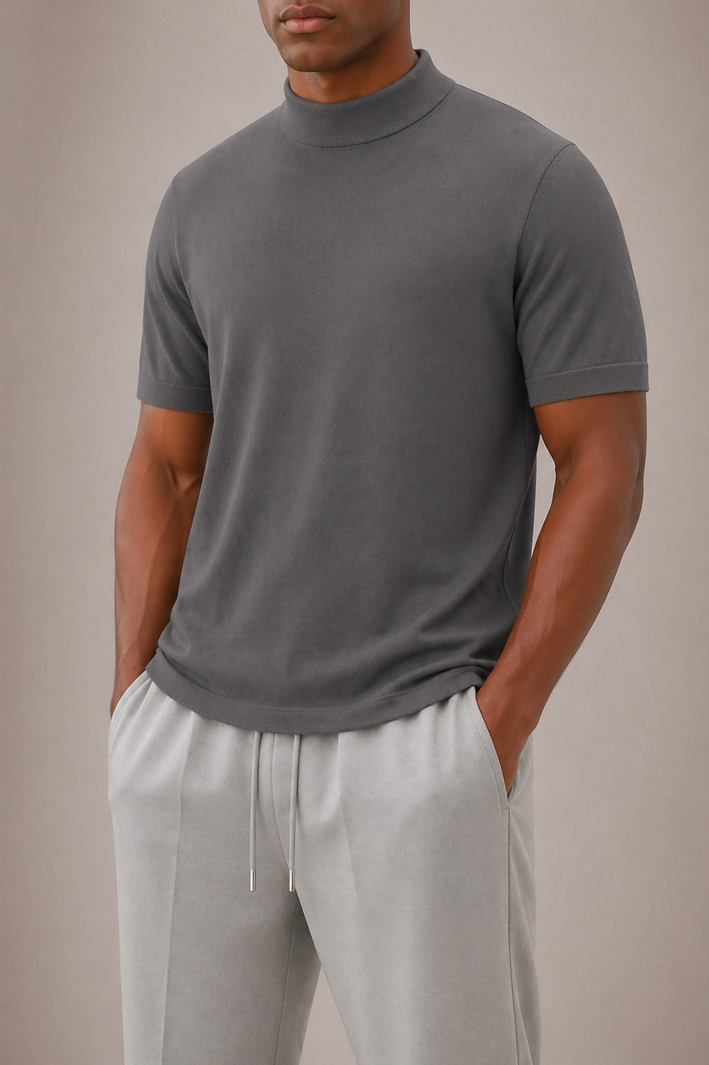 Back view of a men's short sleeve turtleneck t-shirt showcasing its modern fit and versatile design.