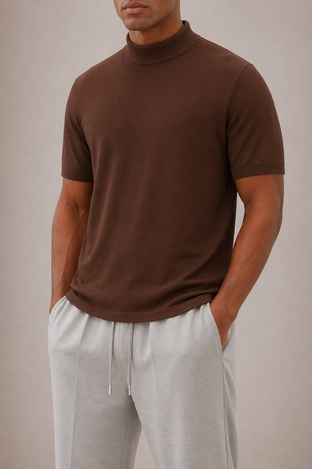 Folded men's modern fit turtleneck t-shirt, a versatile short sleeve option for smart casual & layering.