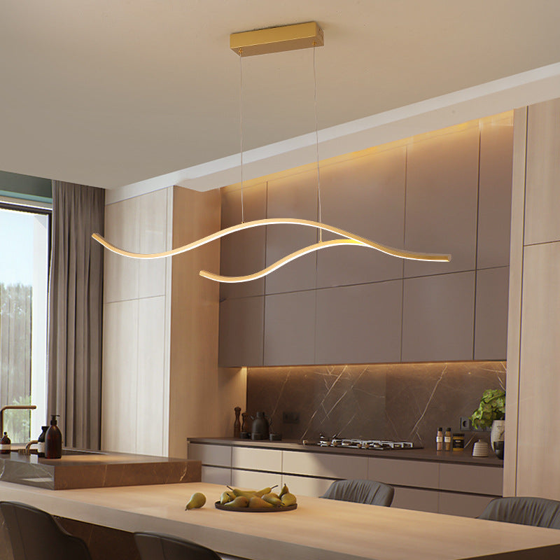 Modern minimalist LED island pendant light, dimmable, perfect for contemporary kitchen or dining rooms.