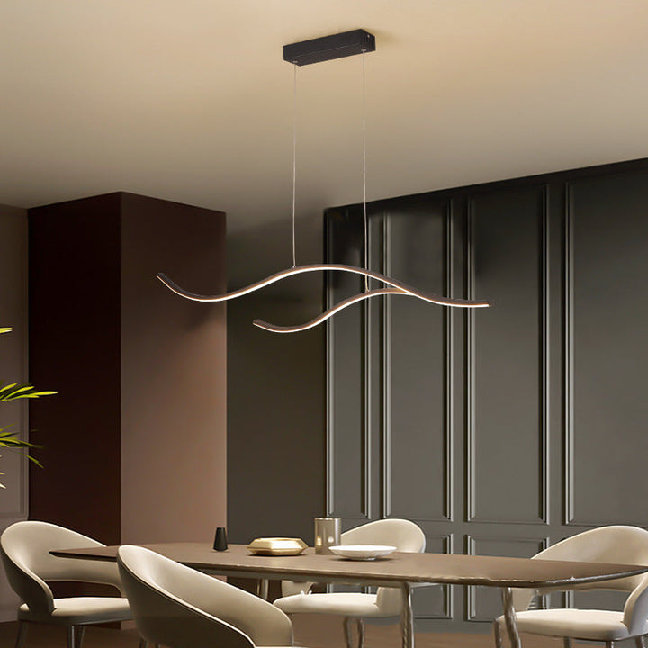 Sleek LED pendant light, dimmable for adjustable brightness, ideal modern lighting for kitchen islands.