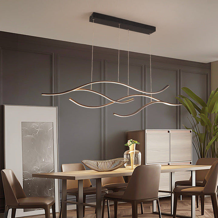 Minimalist LED kitchen island pendant, dimmable, offering adjustable lighting for modern dining spaces.