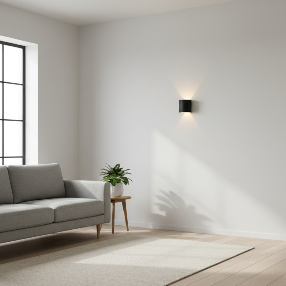 Modern LED wall light, providing subtle accent lighting for bedrooms.