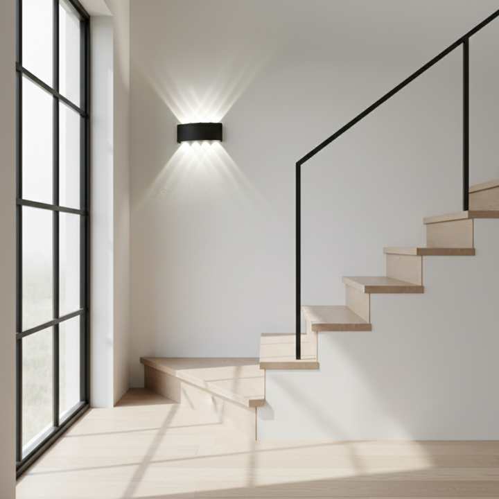 Energy-saving LED wall lamp, perfect for hallways and stairs with modern decor.