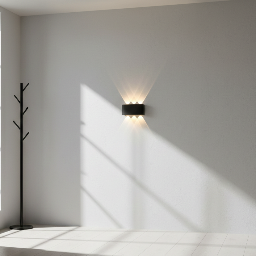 Stylish modern LED wall light for living room, providing ambient illumination.