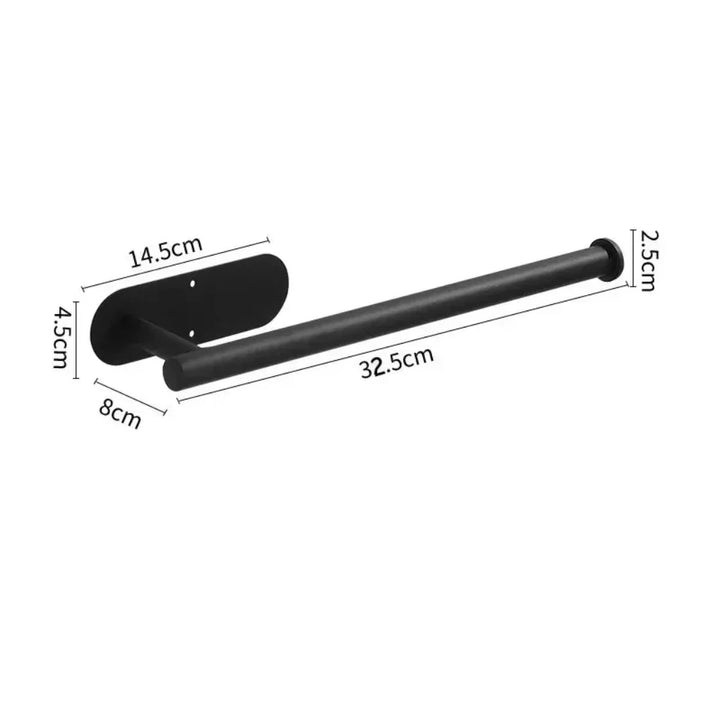 Sleek silver no-drill wall-mounted kitchen paper holder. Perfect for modern bathroom toilet rolls & home organizing.