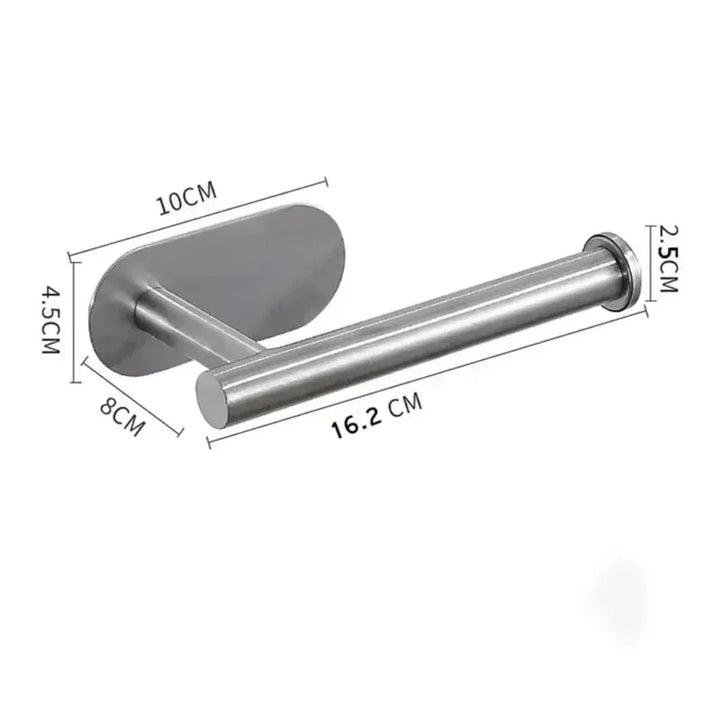 Black adhesive paper holder, no-drill installation for modern bathrooms. Wall-mounted kitchen organizer essential.