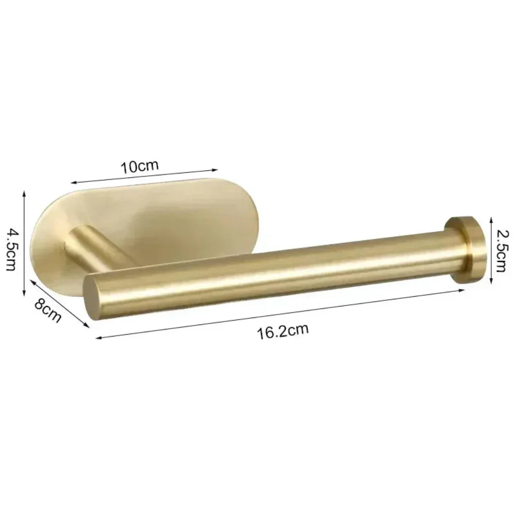 Gold finish no-drill toilet paper holder. Adhesive wall mount for modern kitchen paper or bathroom organization.