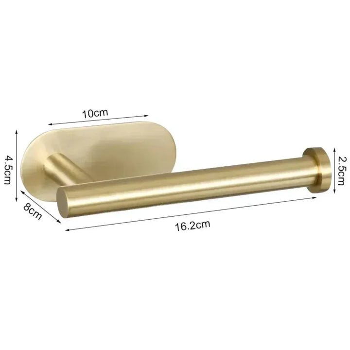 Gold finish no-drill toilet paper holder. Adhesive wall mount for modern kitchen paper or bathroom organization.