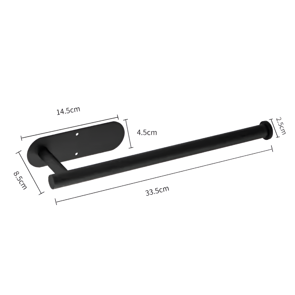 Versatile no-drill wall mounted paper holder. Adhesive solution for modern kitchen towels or bathroom toilet rolls.