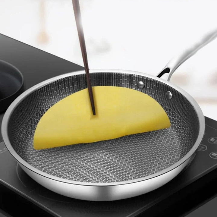 Sleek stainless steel non-stick frying pan, ensuring effortless cooking and quick clean-up for daily meals.
