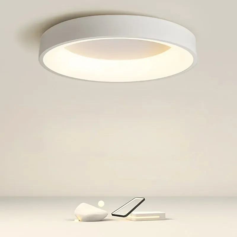 Sleek round Nordic LED ceiling light for modern minimalist decor. Energy-efficient home lighting.