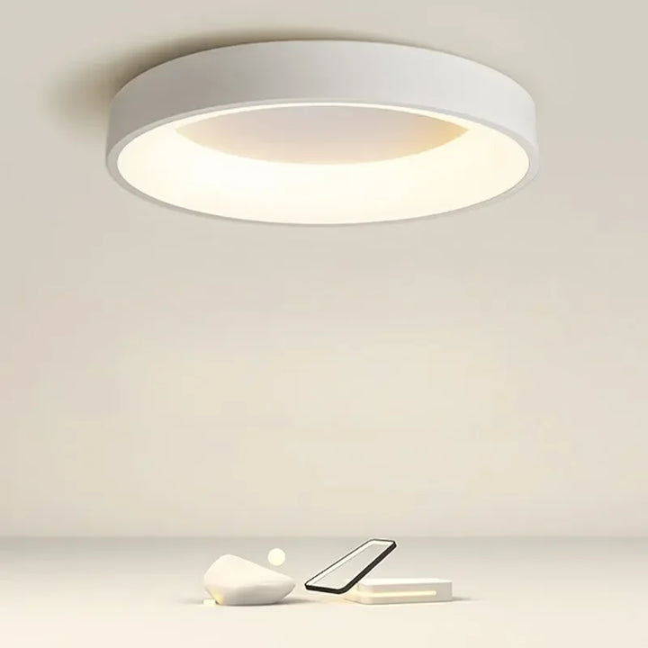 Sleek round Nordic LED ceiling light for modern minimalist decor. Energy-efficient home lighting.