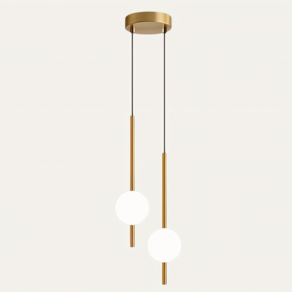 Contemporary brass LED pendant lamp, designer lighting for modern indoor decor & Nordic style.