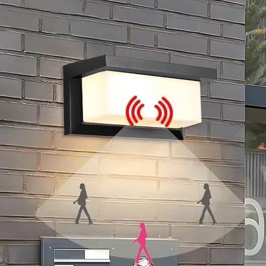 Bright LED outdoor wall lamp, weather-resistant for all seasons. Integrated motion sensor for security lighting.