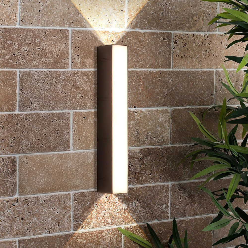 Modern outdoor LED wall light, bright and weatherproof for garden & patio lighting.