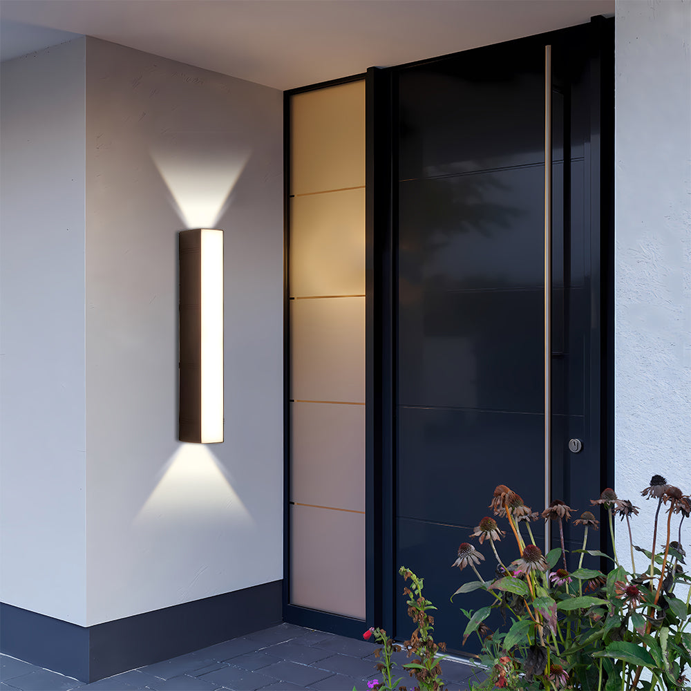 Weatherproof modern outdoor LED wall light, durable design for all-season garden and patio use.