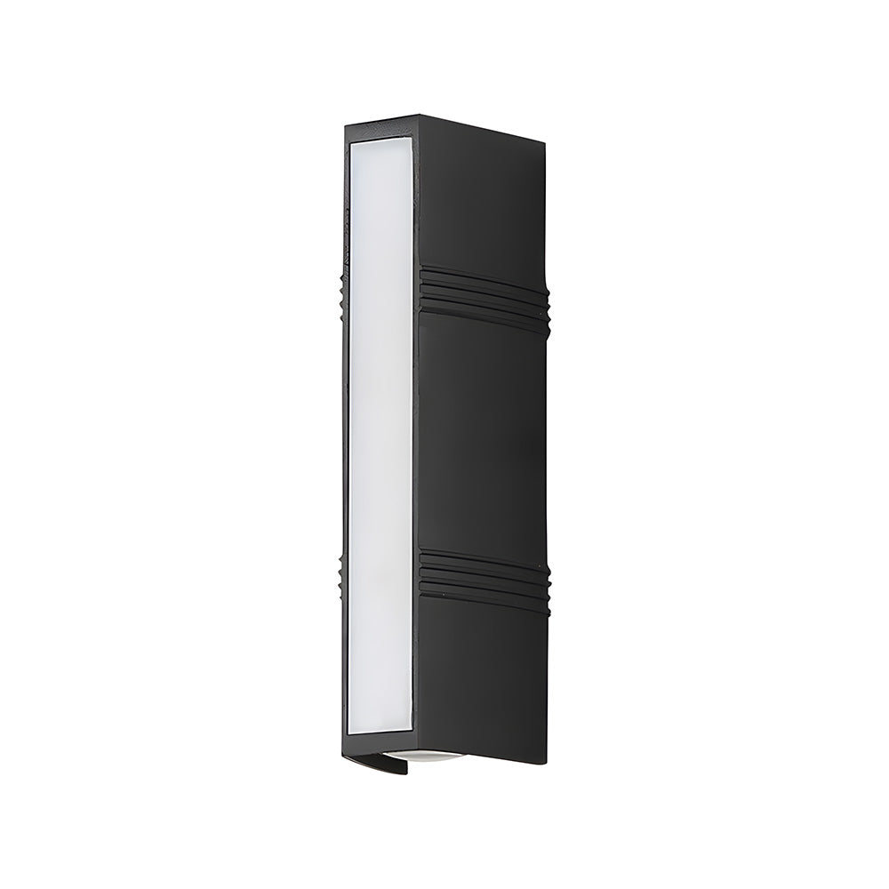 Detailed view of a modern black outdoor LED wall light with a minimalist, sleek design.