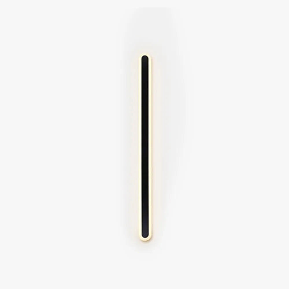 Modern outdoor wall lamp with linear LED light, black finish, weather-resistant for exterior illumination.