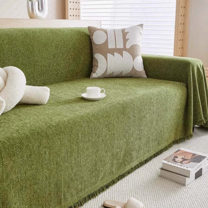 Modern pet-friendly sofa slipcover. Protects furniture, easy care, elegant living room decor for modern homes.