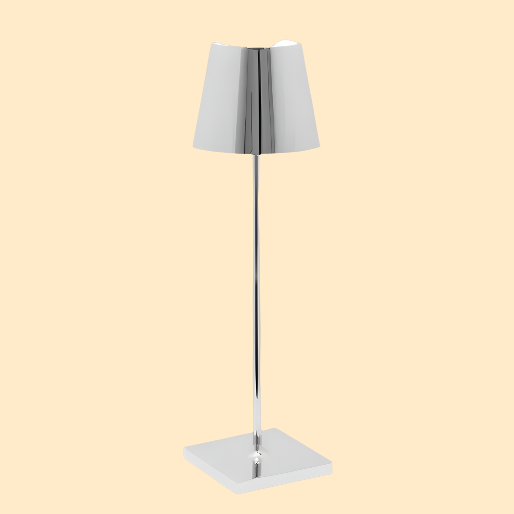 Sleek modern wireless table lamp with LED lighting. Rechargeable for contemporary home or office decor.