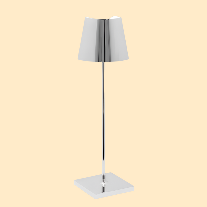 Sleek modern wireless table lamp with LED lighting. Rechargeable for contemporary home or office decor.