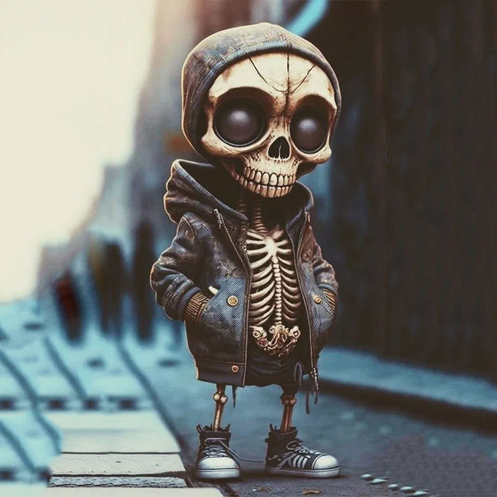 Detailed modern skeleton figurine, unique resin skull decor for gothic home accents, desk, or shelf decoration.