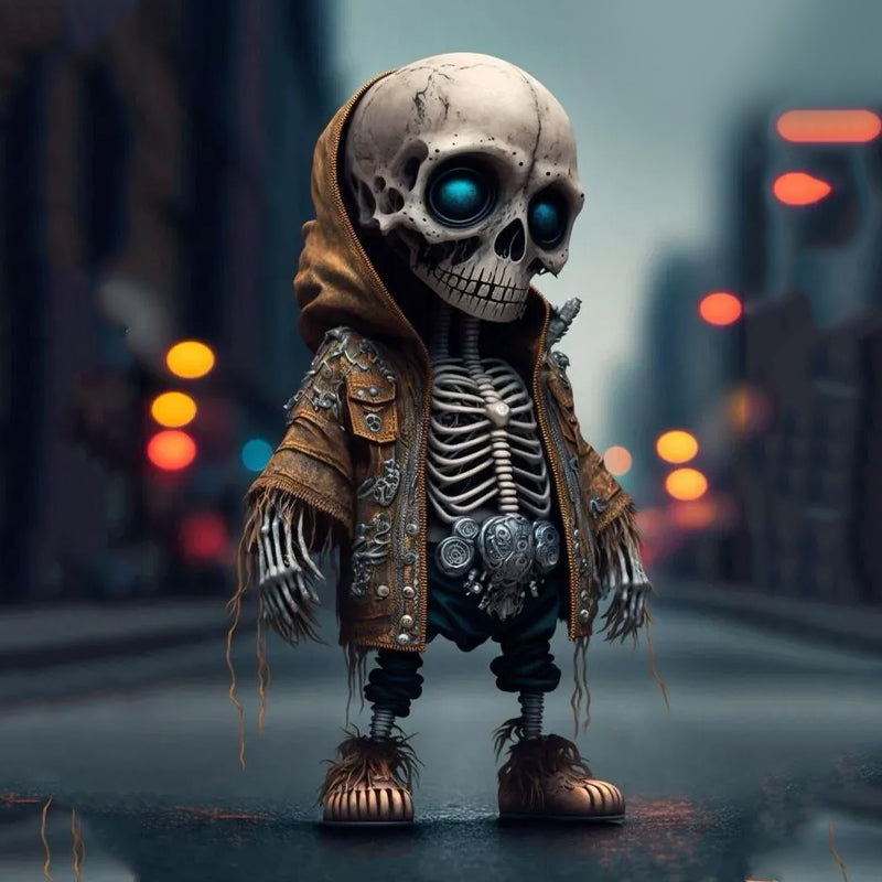 Sleek modern skeleton figurine. Unique resin skull decor for home, office desk, or shelf; a gothic art accent piece.