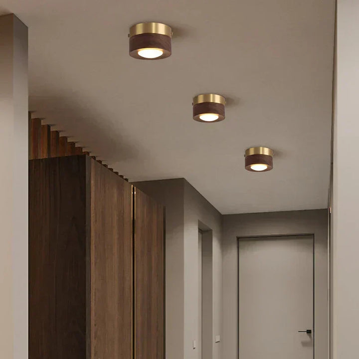 Walnut wood LED ceiling light with a modern, minimalist round design. Energy-efficient home decor.