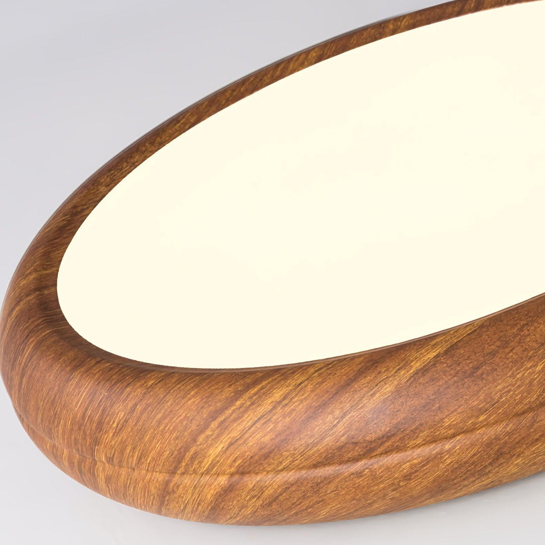 Wood grain finish modern round LED flush mount ceiling light, unique design.