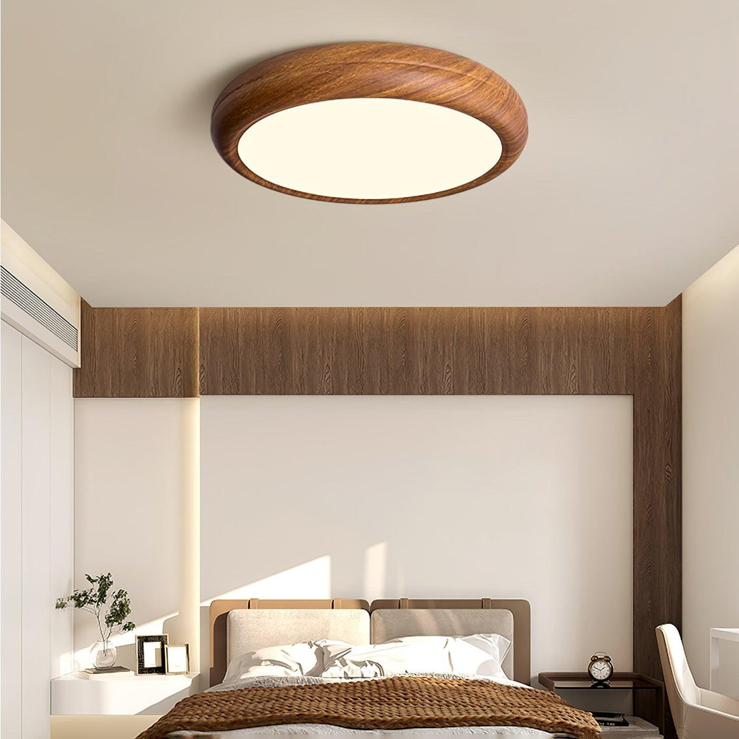 Modern round LED flush mount, energy-saving, with adjustable warm to cold light.