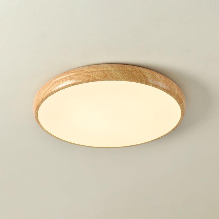 Wood grain modern round LED flush mount, sophisticated ceiling lighting.